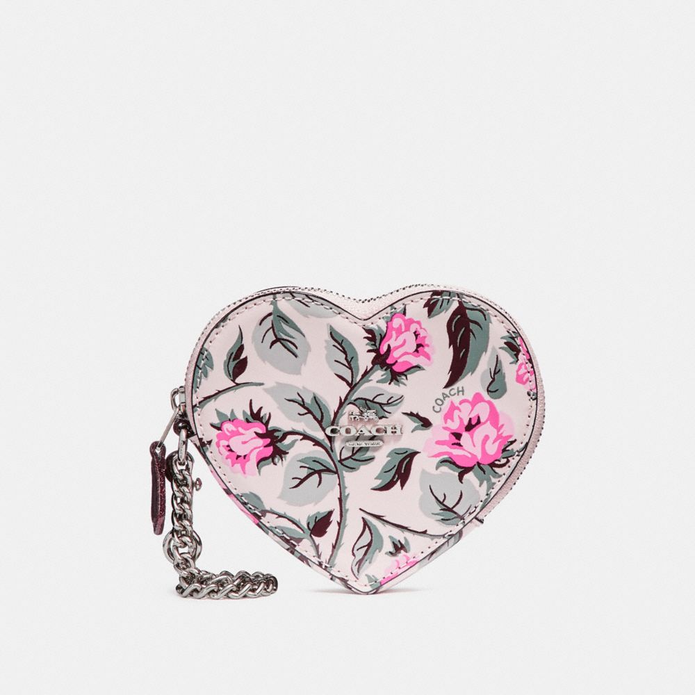 COACH HEART COIN CASE WITH SLEEPING ROSE PRINT - SILVER/MULTI - f28403