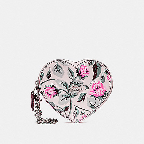 COACH F28403 HEART COIN CASE WITH SLEEPING ROSE PRINT SILVER/MULTI