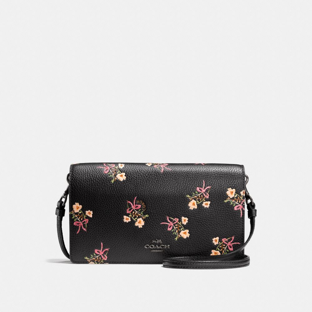 COACH F28437 FOLDOVER CROSSBODY CLUTCH WITH FLORAL BOW PRINT BLACK/BLACK COPPER