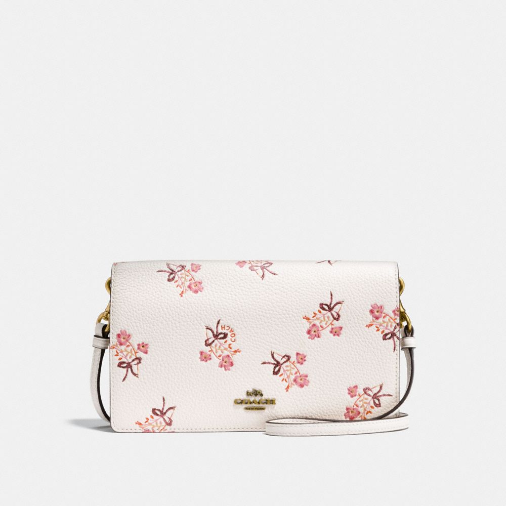 COACH F28437 Foldover Crossbody Clutch With Floral Bow Print CHALK/OLD BRASS