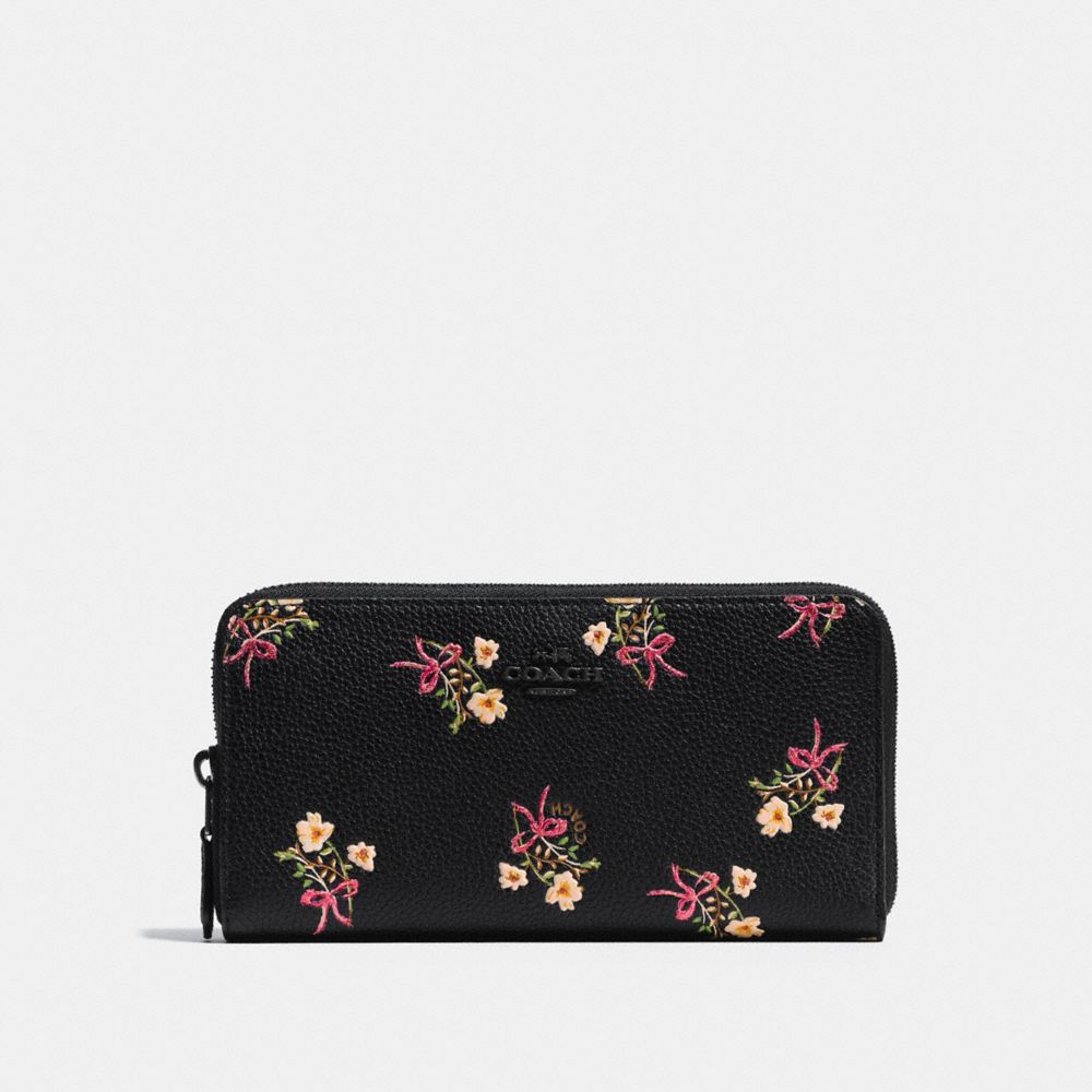 COACH F28444 - ACCORDION ZIP WALLET WITH FLORAL BOW PRINT BLACK/BLACK COPPER