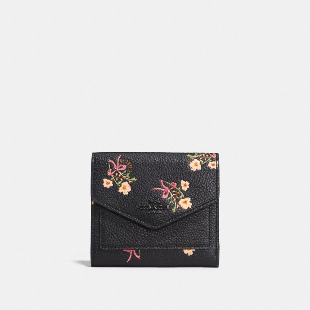 COACH F28445 - SMALL WALLET WITH FLORAL BOW PRINT BLACK/BLACK COPPER