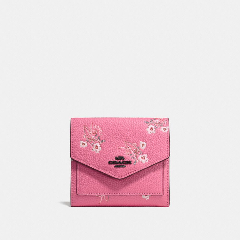 COACH F28445 SMALL WALLET WITH FLORAL BOW PRINT BRIGHT PINK/BLACK COPPER