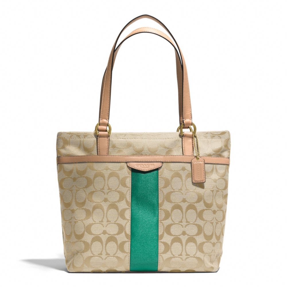 COACH f28504 SIGNATURE STRIPE TOTE BRASS/KHAKI/EMERALD