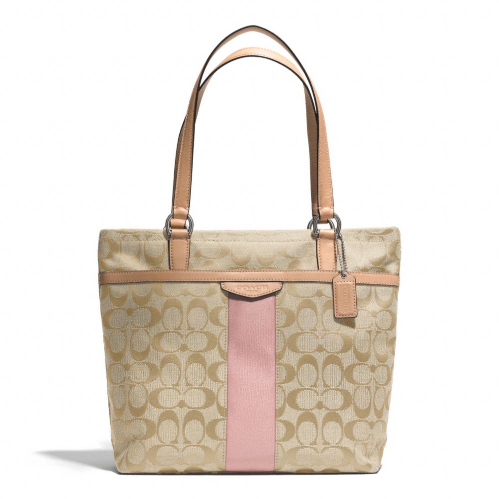 COACH F28504 SIGNATURE STRIPE TOTE SILVER/LIGHT-KHAKI/SHELL-PINK