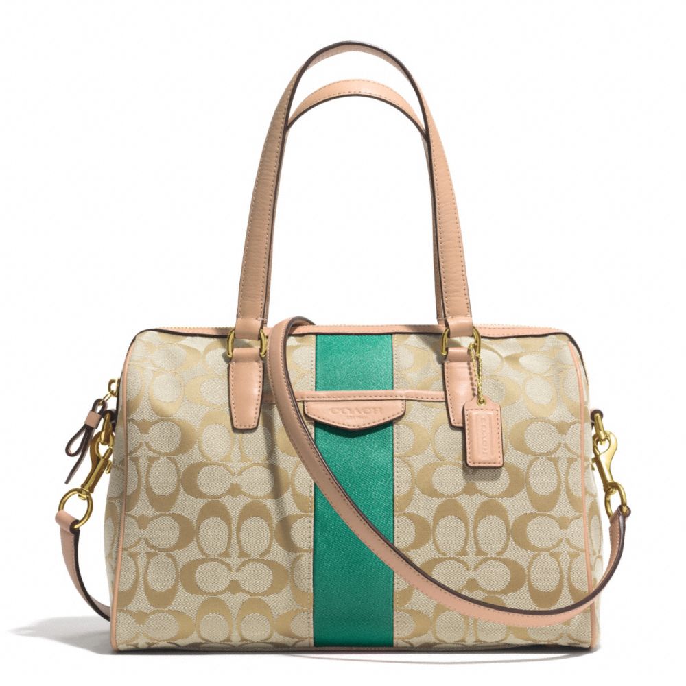 COACH SIGNATURE STRIPE NANCY SATCHEL - BRASS/KHAKI/EMERALD - F28505