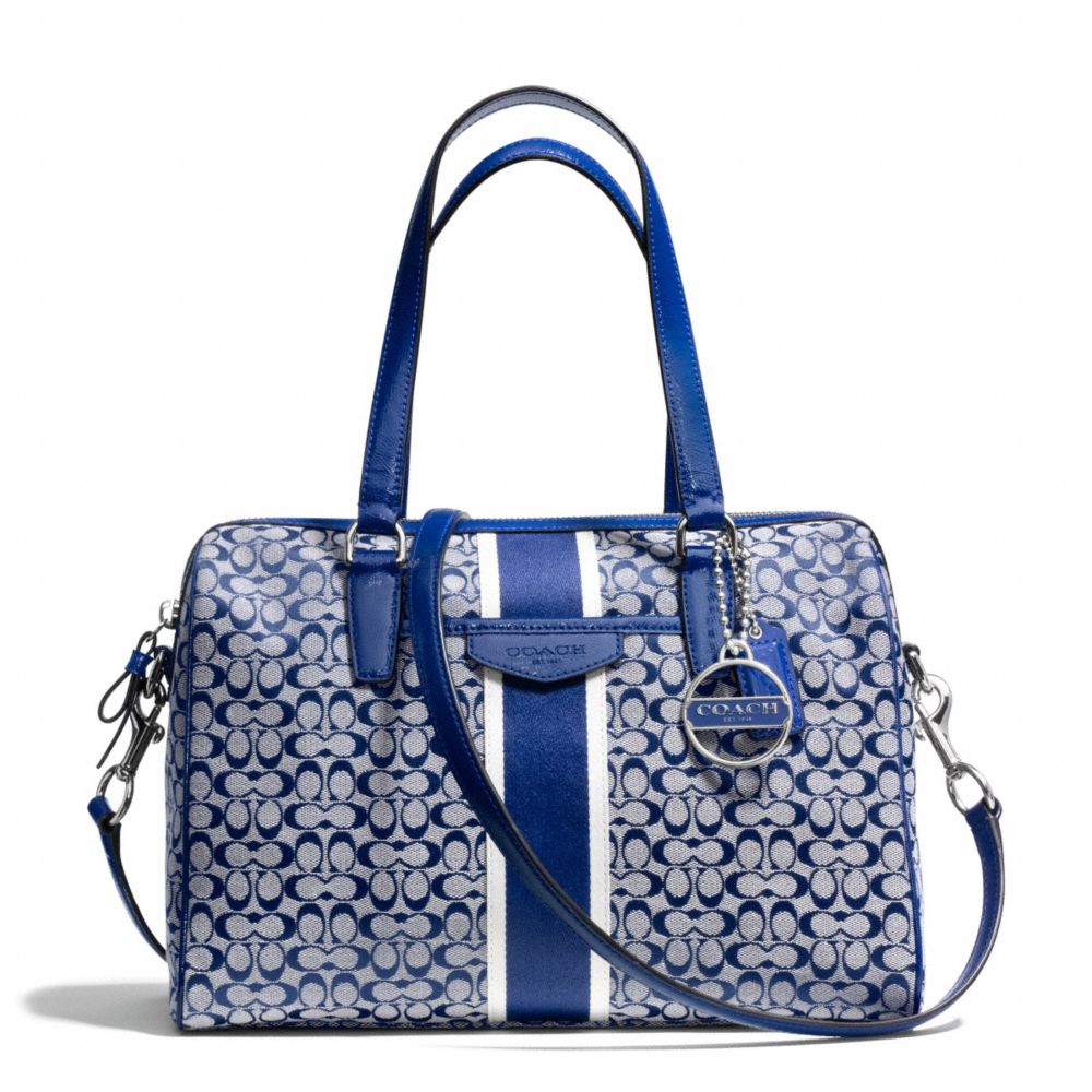 COACH F28506 Signature Stripe 6cm Nancy Satchel SILVER/NAVY/NAVY