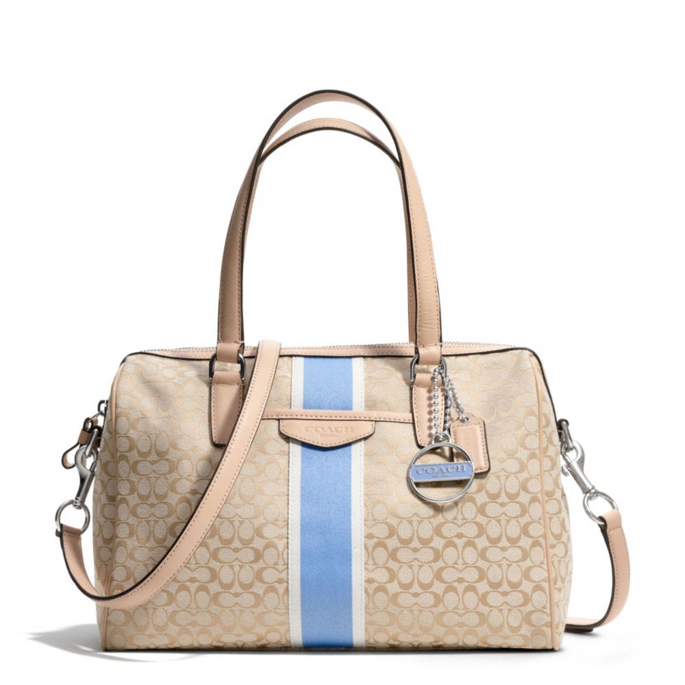 SIGNATURE STRIPE 6CM NANCY SATCHEL - SILVER/LIGHT KHAKI/CORNFLOWER - COACH F28506