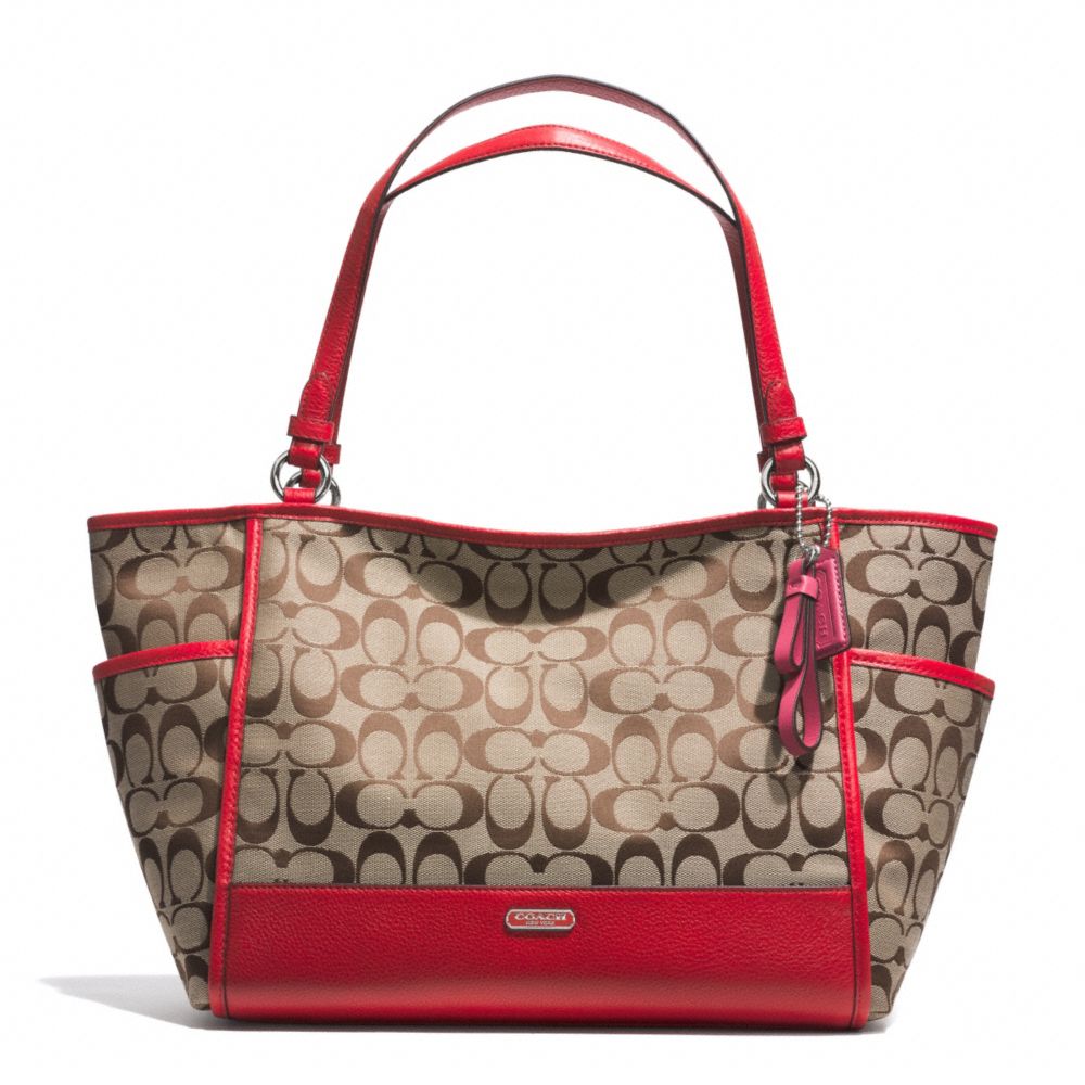 PARK SIGNATURE CARRIE TOTE - SILVER/KHAKI/VERMILLION - COACH F28728