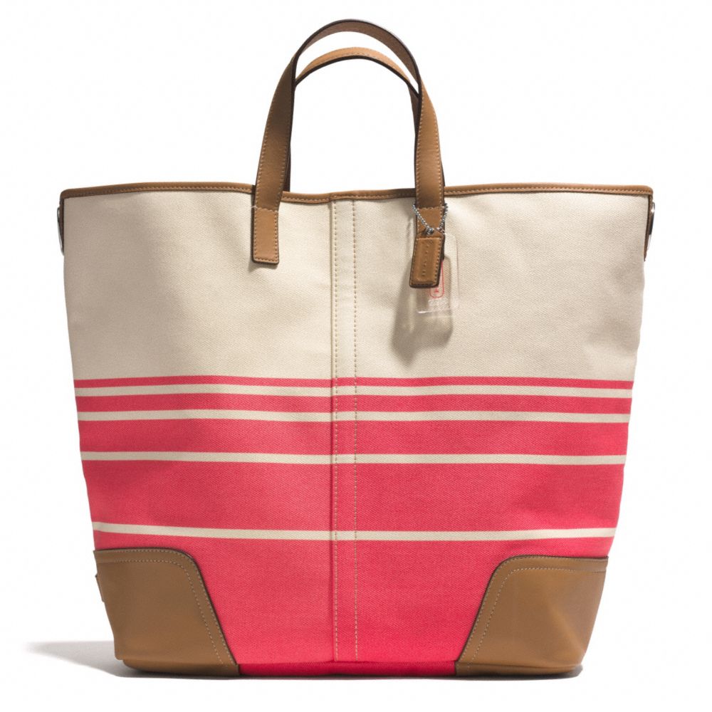 HADLEY VARIEGATED STRIPED LARGE DUFFLE - SILVER/CORAL - COACH F28806