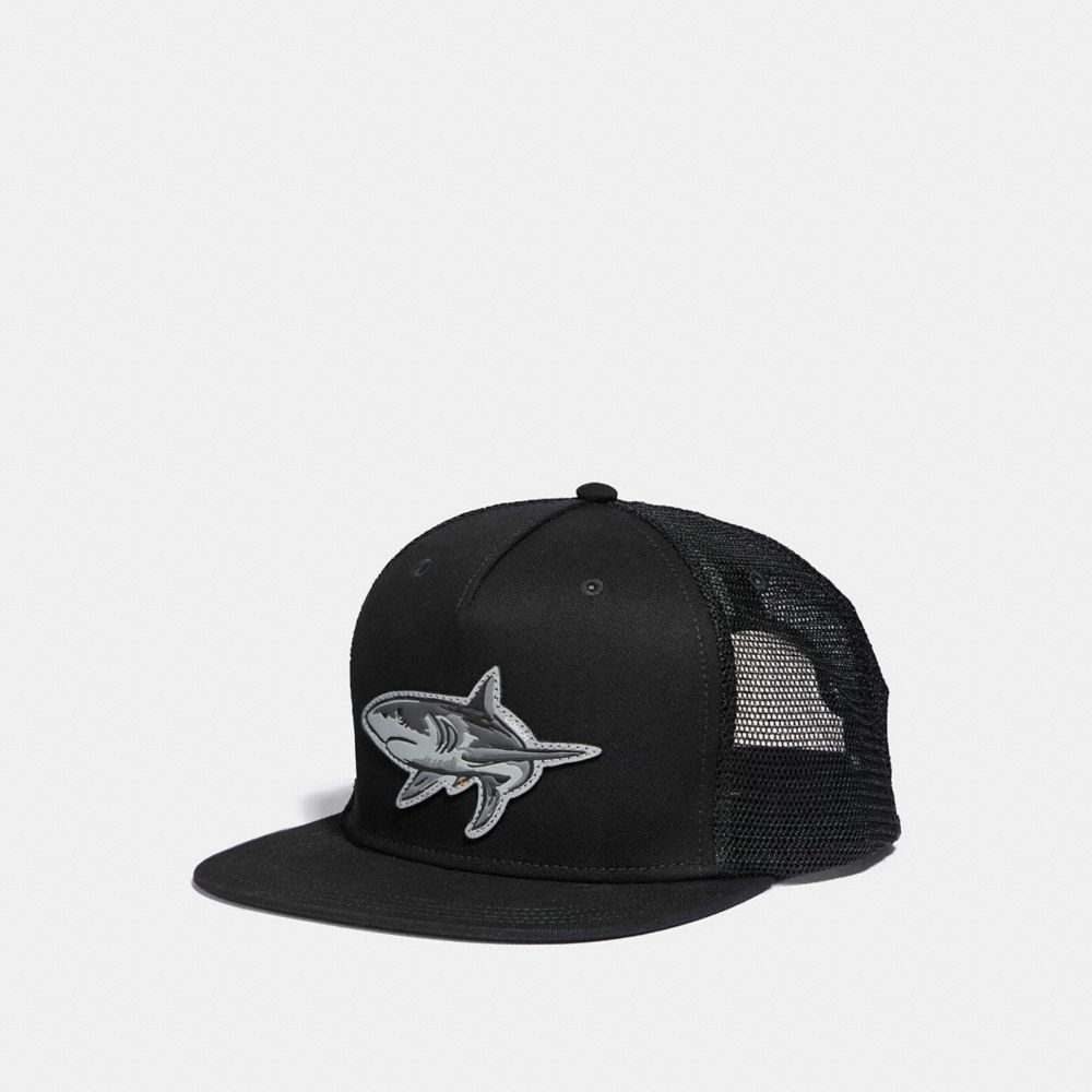 COACH f28844 SHARK MOTIF FLAT BRIM HAT BLACK