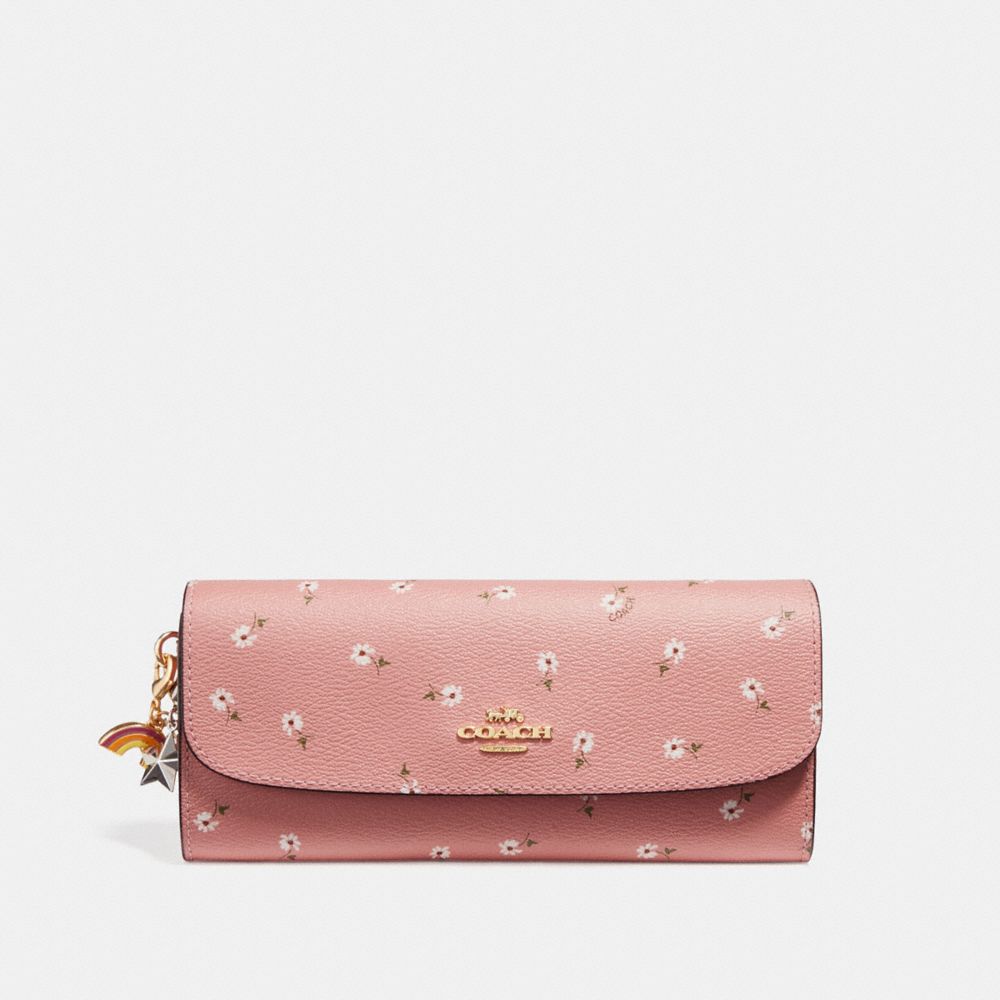 COACH f28853 BOXED SOFT WALLET WITH DITSY DAISY PRINT AND CHARMS VINTAGE PINK MULTI/imitation gold