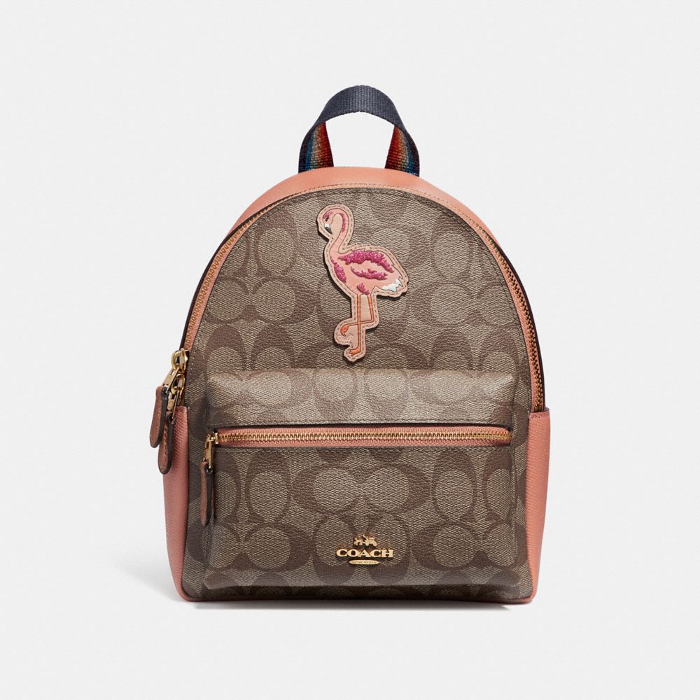 COACH F28948 Mini Charlie Backpack In Signature Canvas With Blue Hawaii Patches KHAKI/MULTI/IMITATION GOLD