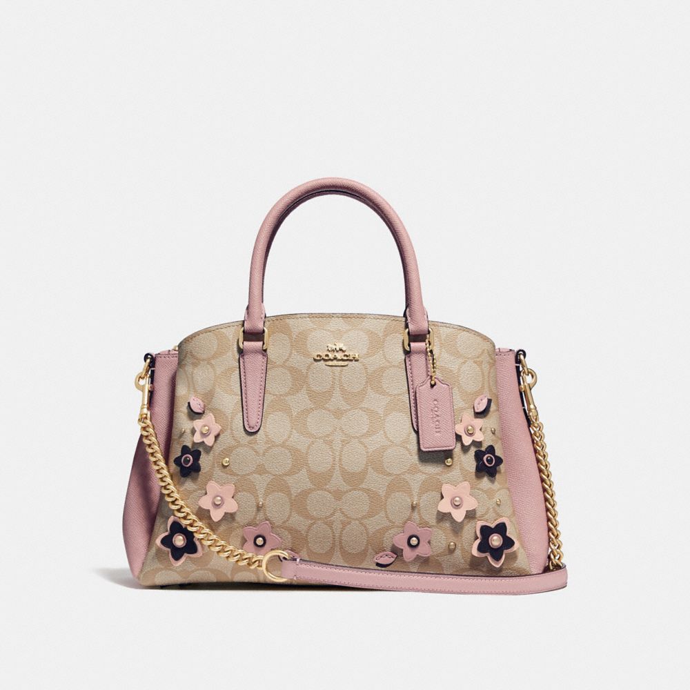 SAGE CARRYALL IN SIGNATURE CANVAS WITH FLORAL APPLIQUE - f28970 - light khaki/multi/imitation gold