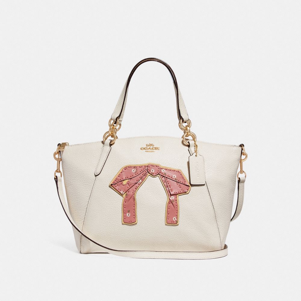 SMALL KELSEY SATCHEL WITH FLORAL BUNDLE PRINT AND BOW - f28972 - CHALK MULTI/IMITATION GOLD