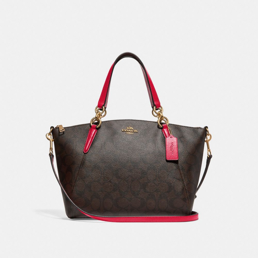 SMALL KELSEY SATCHEL IN SIGNATURE CANVAS - F28989 - BROWN/TRUE RED/LIGHT GOLD