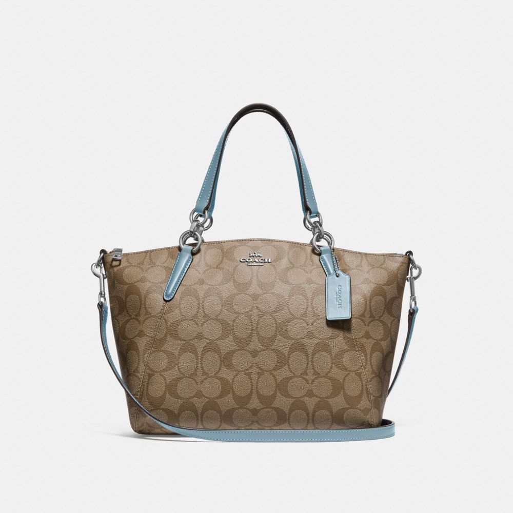 SMALL KELSEY SATCHEL IN SIGNATURE CANVAS - F28989 - KHAKI/CORNFLOWER/SILVER