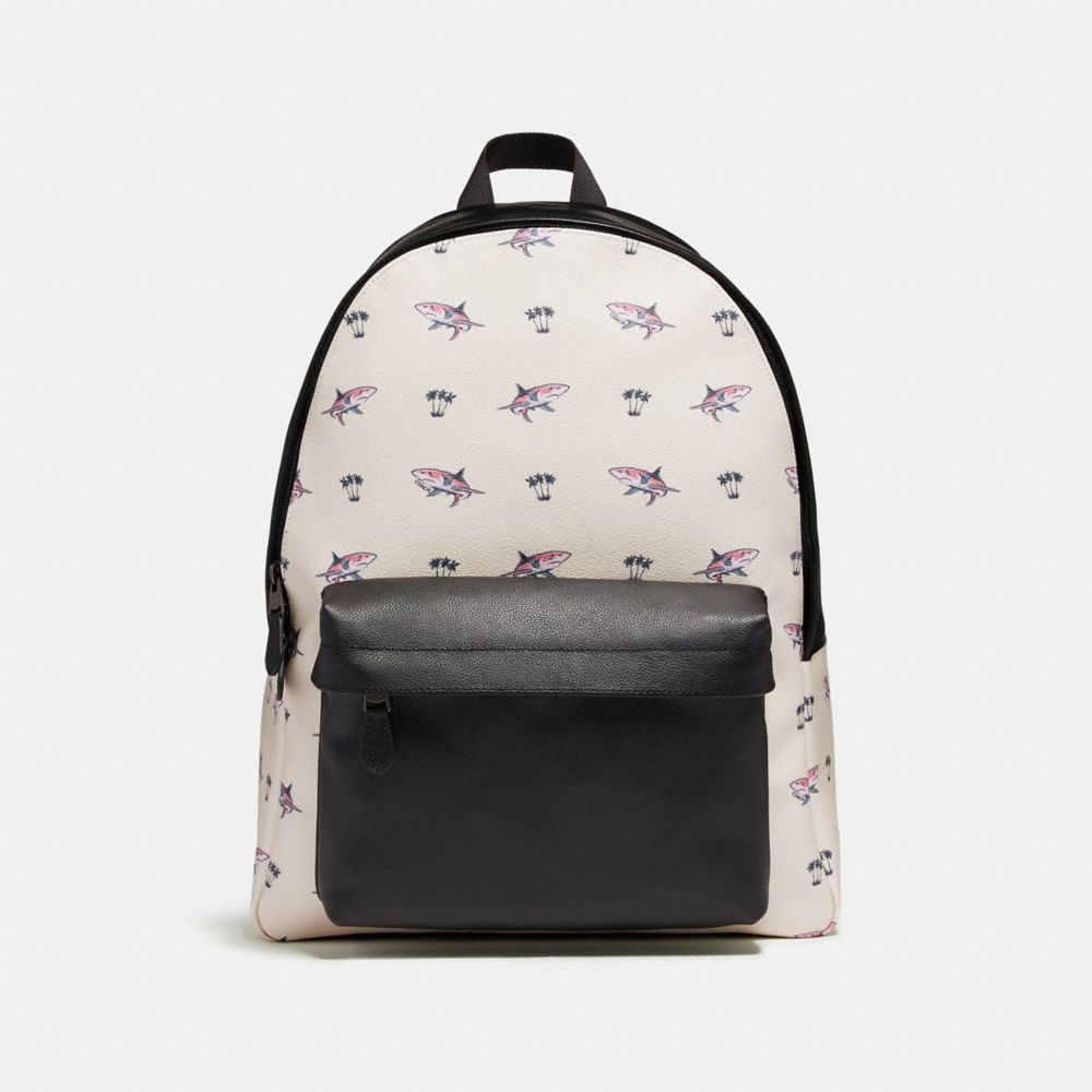 CHARLES BACKPACK WITH SHARK PALM TREE PRINT - BLACK ANTIQUE NICKEL/CHALK MULTI - COACH F29031