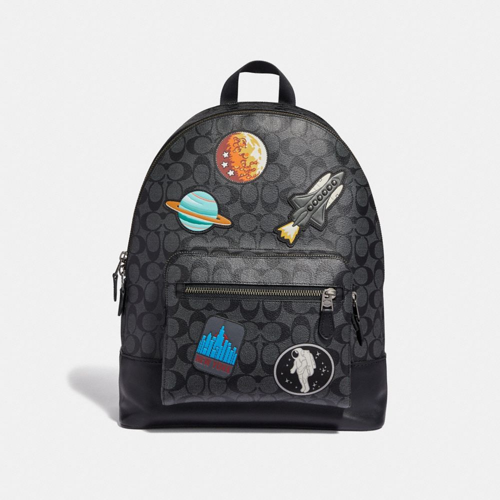 WEST BACKPACK IN SIGNATURE CANVAS WITH SPACE PATCHES - COACH f29040 - CHARCOAL/BLACK/BLACK ANTIQUE NICKEL