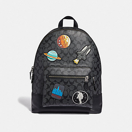 COACH F29040 WEST BACKPACK IN SIGNATURE CANVAS WITH SPACE PATCHES CHARCOAL/BLACK/BLACK-ANTIQUE-NICKEL