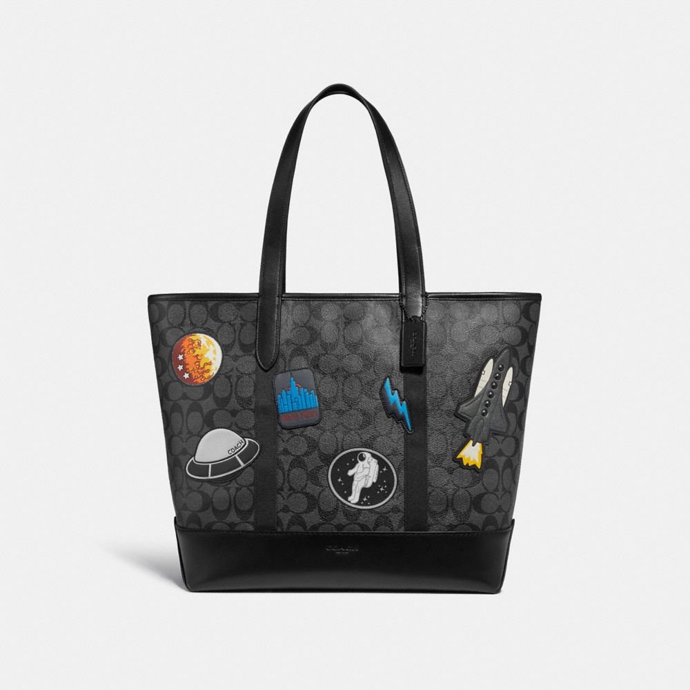 WEST TOTE IN SIGNATURE CANVAS WITH SPACE PATCHES - COACH f29045 - CHARCOAL/BLACK/BLACK ANTIQUE NICKEL