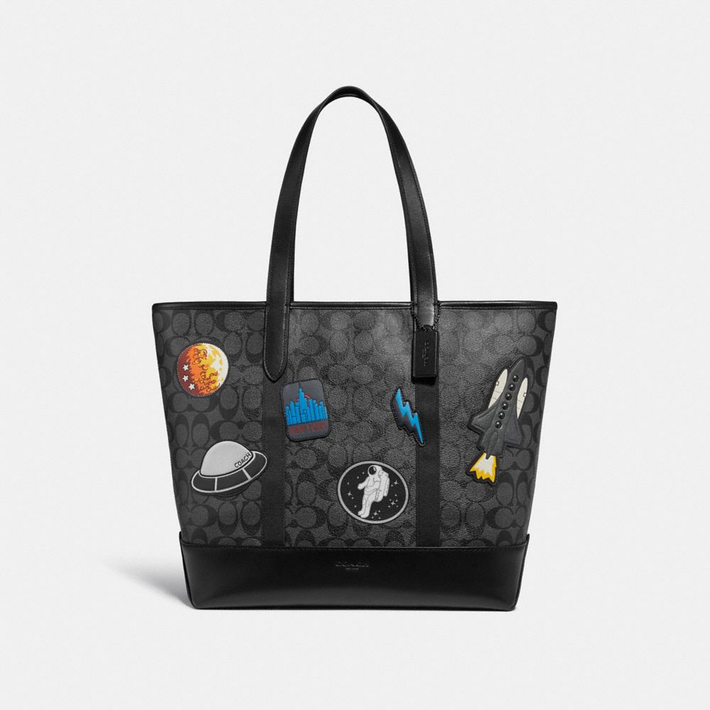 COACH F29045 WEST TOTE IN SIGNATURE CANVAS WITH SPACE PATCHES CHARCOAL/BLACK/BLACK-ANTIQUE-NICKEL