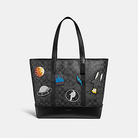 COACH f29045 WEST TOTE IN SIGNATURE CANVAS WITH SPACE PATCHES CHARCOAL/BLACK/BLACK ANTIQUE NICKEL