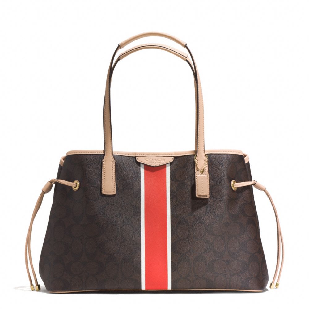 COACH F29064 - SIGNATURE STRIPE DRAWSTRING CARRYALL BRASS/BROWN/VERMILLION