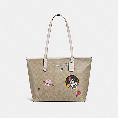 COACH F29126 CITY ZIP TOTE IN SIGNATURE CANVAS WITH SPACE PATCHES SILVER/LIGHT-KHAKI/CHALK