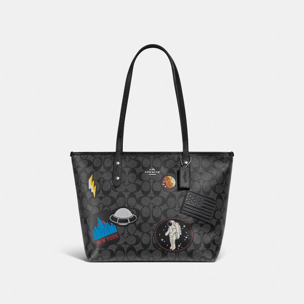 COACH f29126 CITY ZIP TOTE IN SIGNATURE CANVAS WITH SPACE PATCHES BLACK SMOKE/BLACK/SILVER