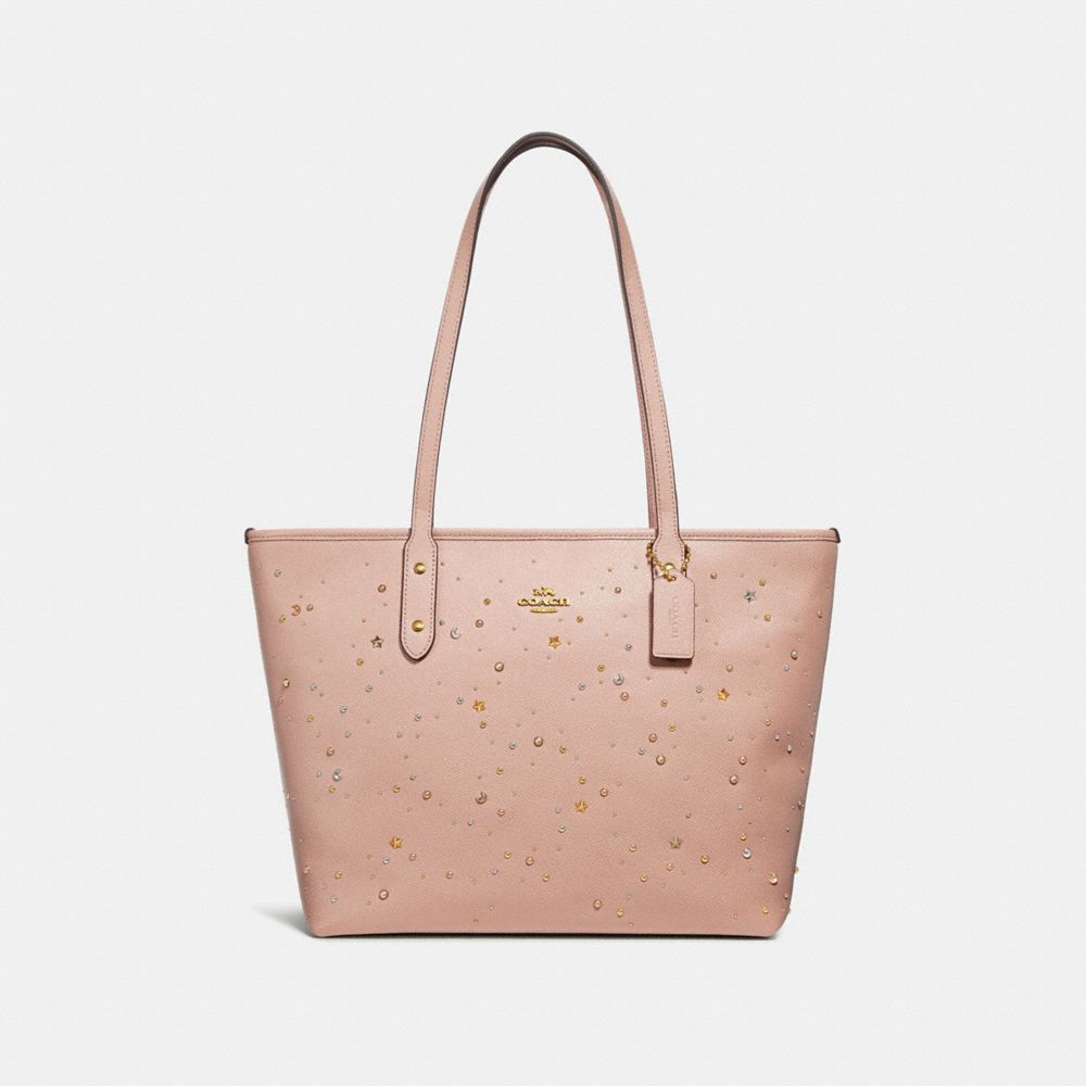 CITY ZIP TOTE WITH CELESTIAL STUDS - f29129 - nude pink/light gold