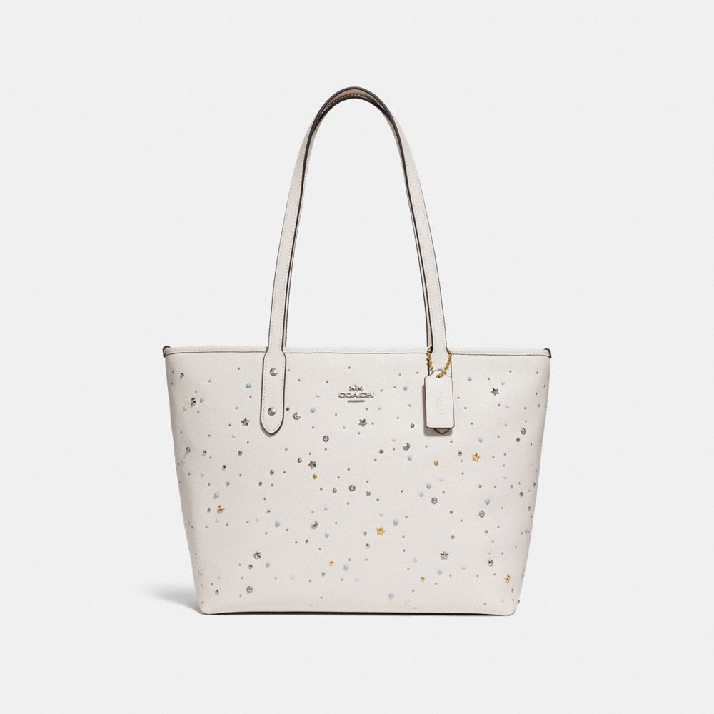 CITY ZIP TOTE WITH CELESTIAL STUDS - f29129 - SILVER/CHALK