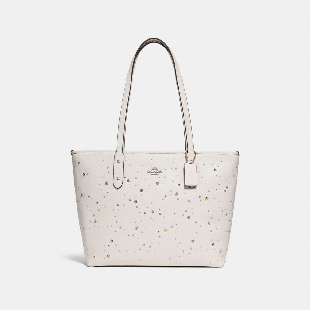 COACH f29129 CITY ZIP TOTE WITH CELESTIAL STUDS SILVER/CHALK