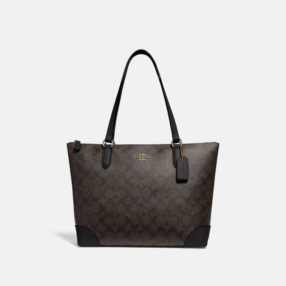 ZIP TOP TOTE IN SIGNATURE CANVAS - f29208 - BROWN/BLACK/IMITATION GOLD