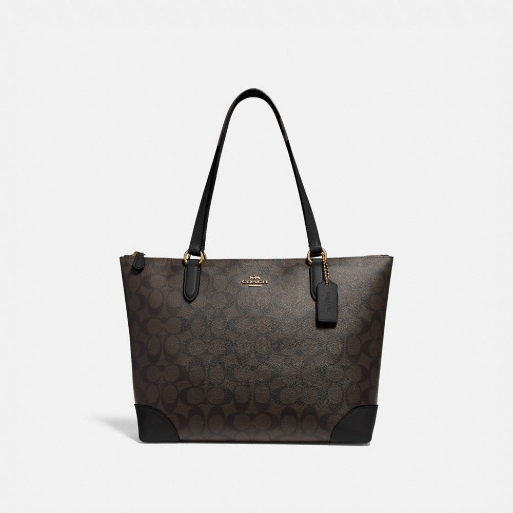 ZIP TOP TOTE IN SIGNATURE CANVAS - COACH f29208 - BROWN/BLACK/IMITATION GOLD