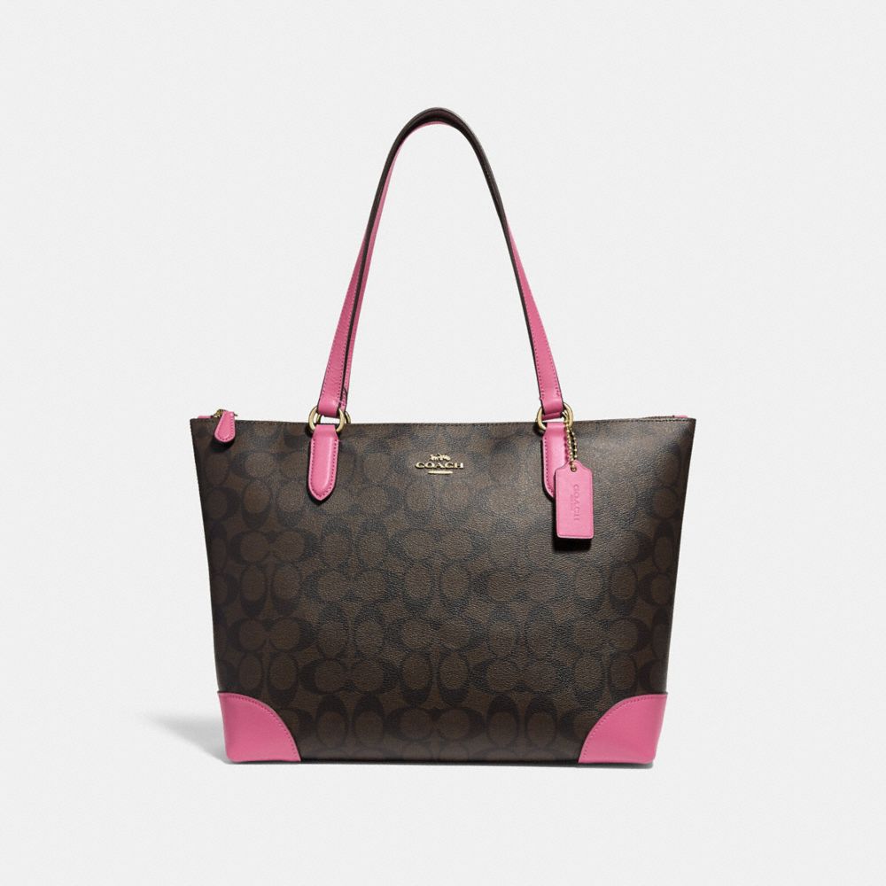 COACH F29208 Zip Top Tote In Signature Canvas BROWN /PINK/LIGHT GOLD