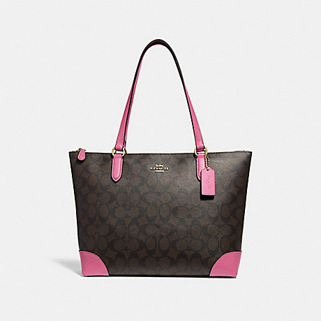 COACH ZIP TOP TOTE IN SIGNATURE CANVAS - BROWN /PINK/LIGHT GOLD - F29208