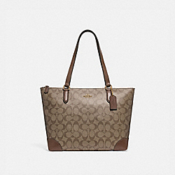 ZIP TOP TOTE IN SIGNATURE CANVAS - f29208 - KHAKI/SADDLE 2/IMITATION GOLD