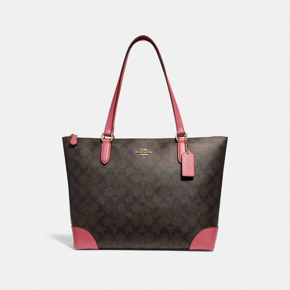 COACH F29208 Zip Top Tote In Signature Canvas BROWN/PEONY/LIGHT GOLD