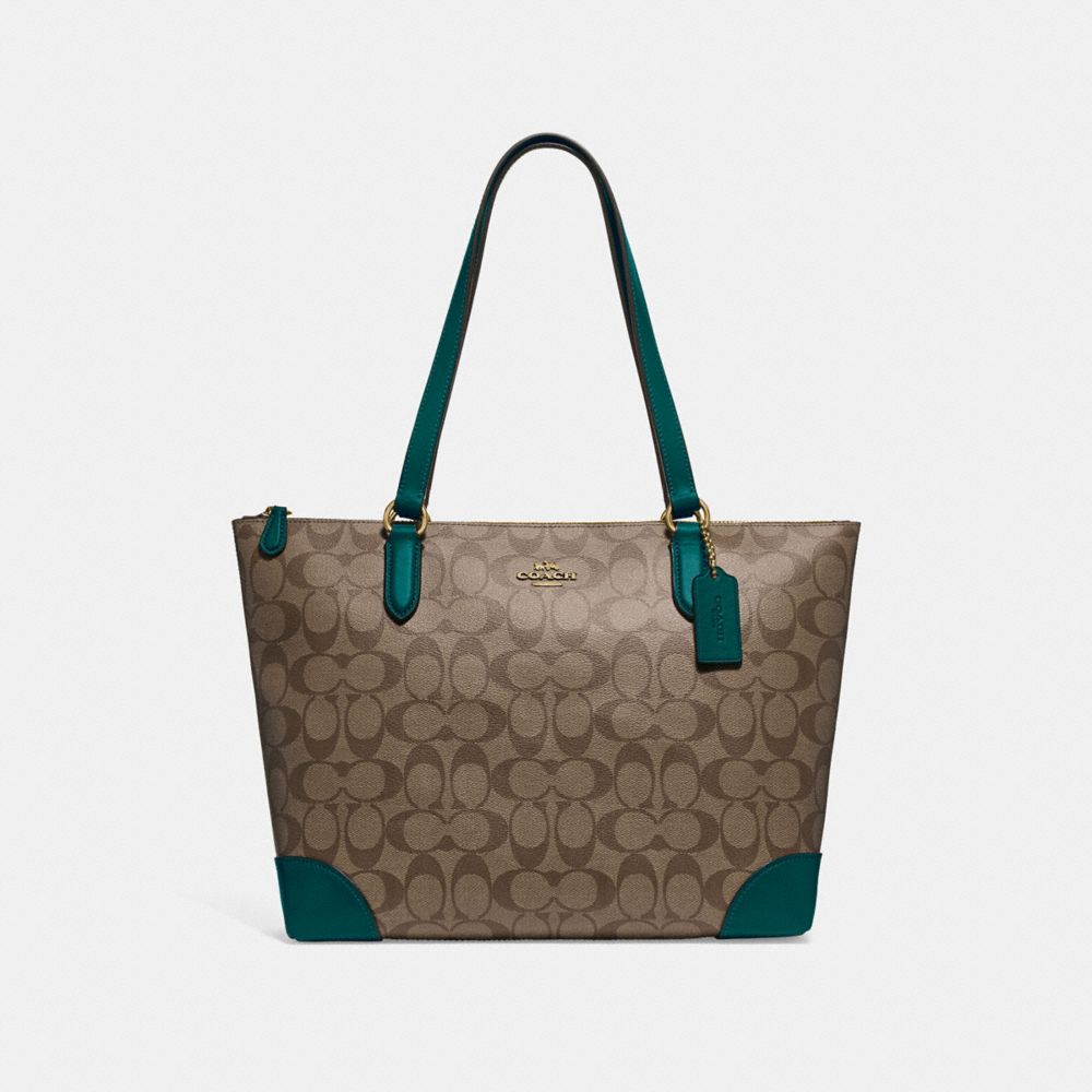 COACH F29208 ZIP TOP TOTE IN SIGNATURE CANVAS KHAKI/DARK-TURQUOISE/LIGHT-GOLD