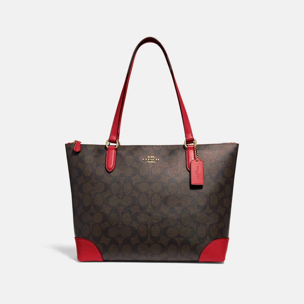 COACH F29208 ZIP TOP TOTE IN SIGNATURE CANVAS BROWN/RUBY/IMITATION GOLD