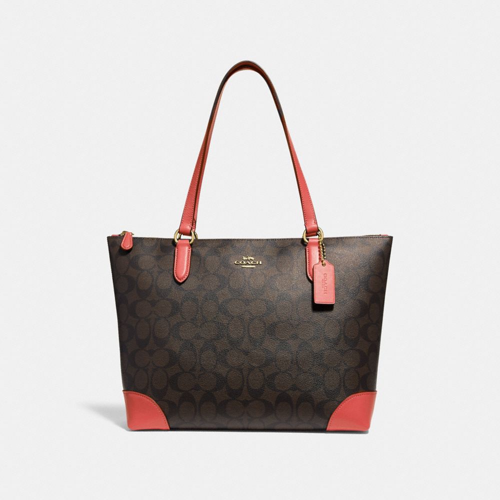 COACH F29208 ZIP TOP TOTE IN SIGNATURE CANVAS BROWN/CORAL/IMITATION GOLD