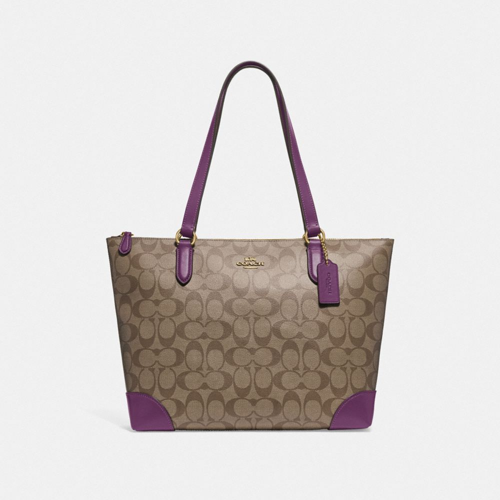 COACH ZIP TOP TOTE IN SIGNATURE CANVAS - KHAKI/BLACKBERRY/GOLD - F29208