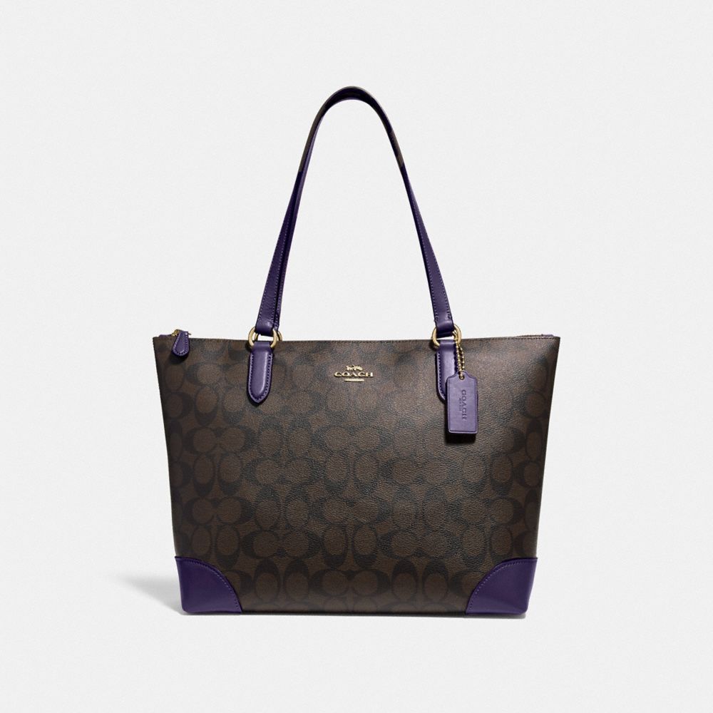 COACH ZIP TOP TOTE IN SIGNATURE CANVAS - IM/BROWN DARK PURPLE - F29208