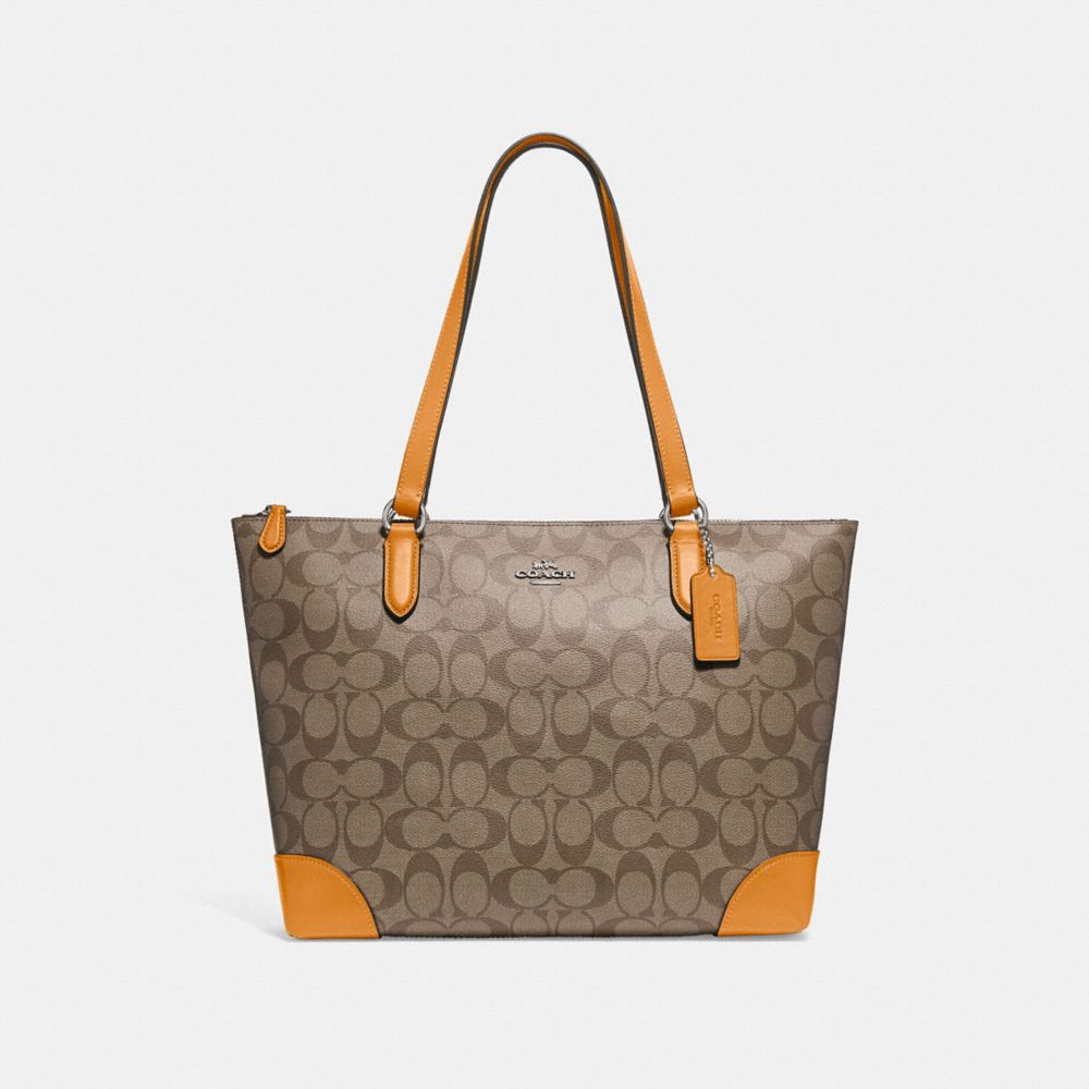 COACH f29208 ZIP TOP TOTE IN SIGNATURE CANVAS KHAKI/TANGERINE/SILVER