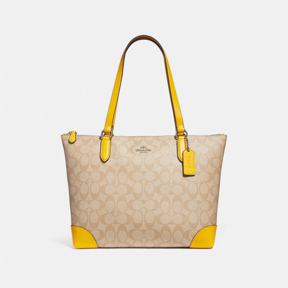 ZIP TOP TOTE IN SIGNATURE CANVAS - COACH F29208 - LIGHT KHAKI/CANARY/SILVER