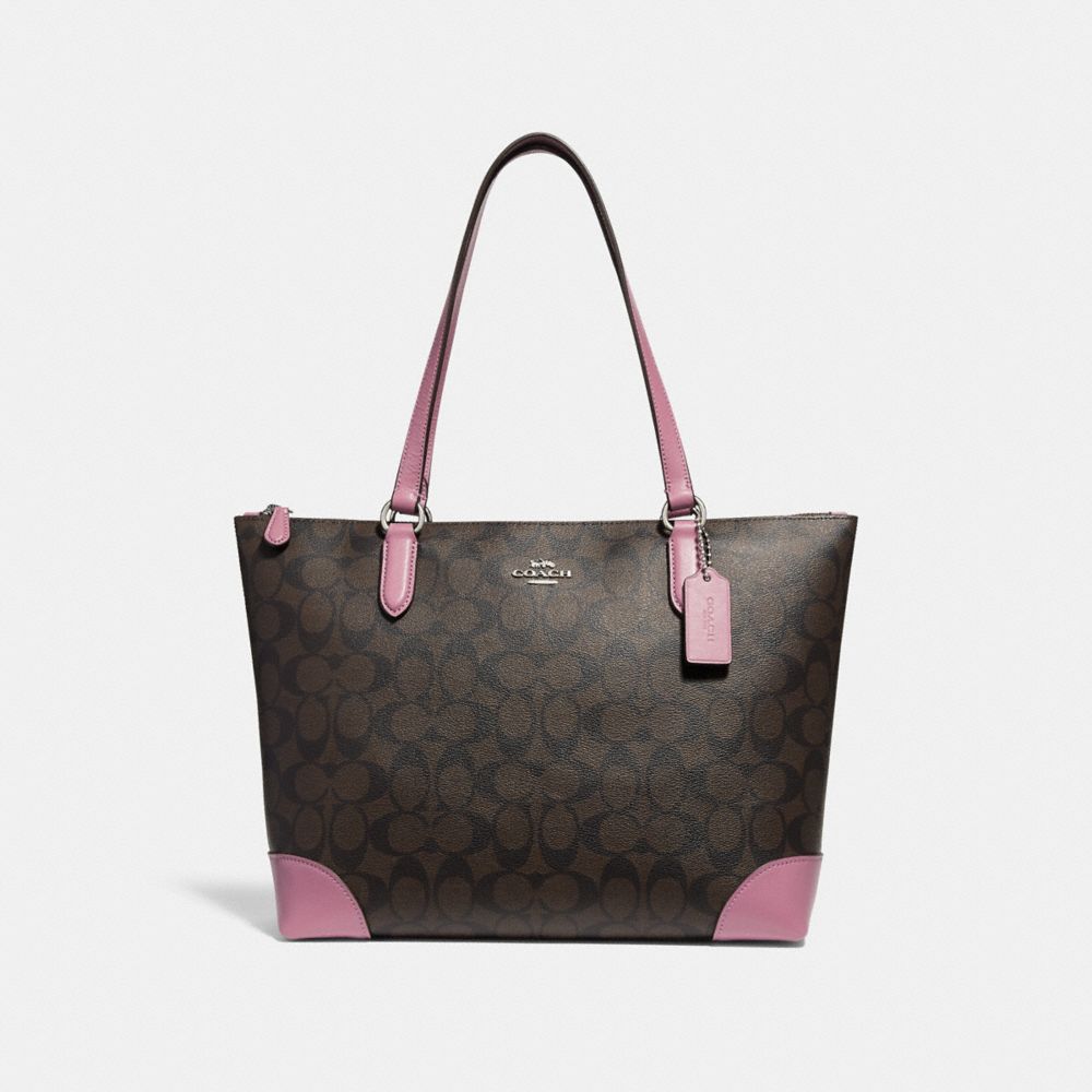 ZIP TOP TOTE IN SIGNATURE CANVAS - f29208 - brown/Azalea/silver