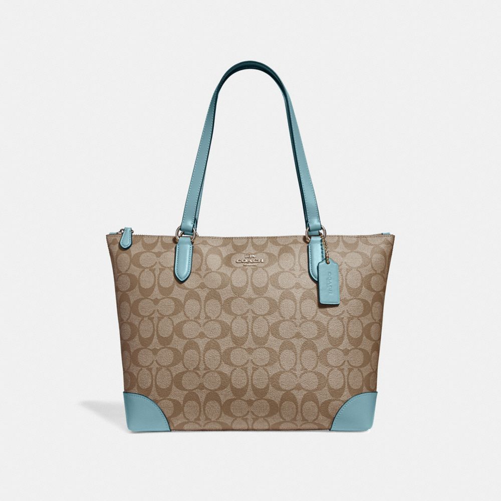 ZIP TOP TOTE IN SIGNATURE CANVAS - f29208 - KHAKI/CYAN/SILVER