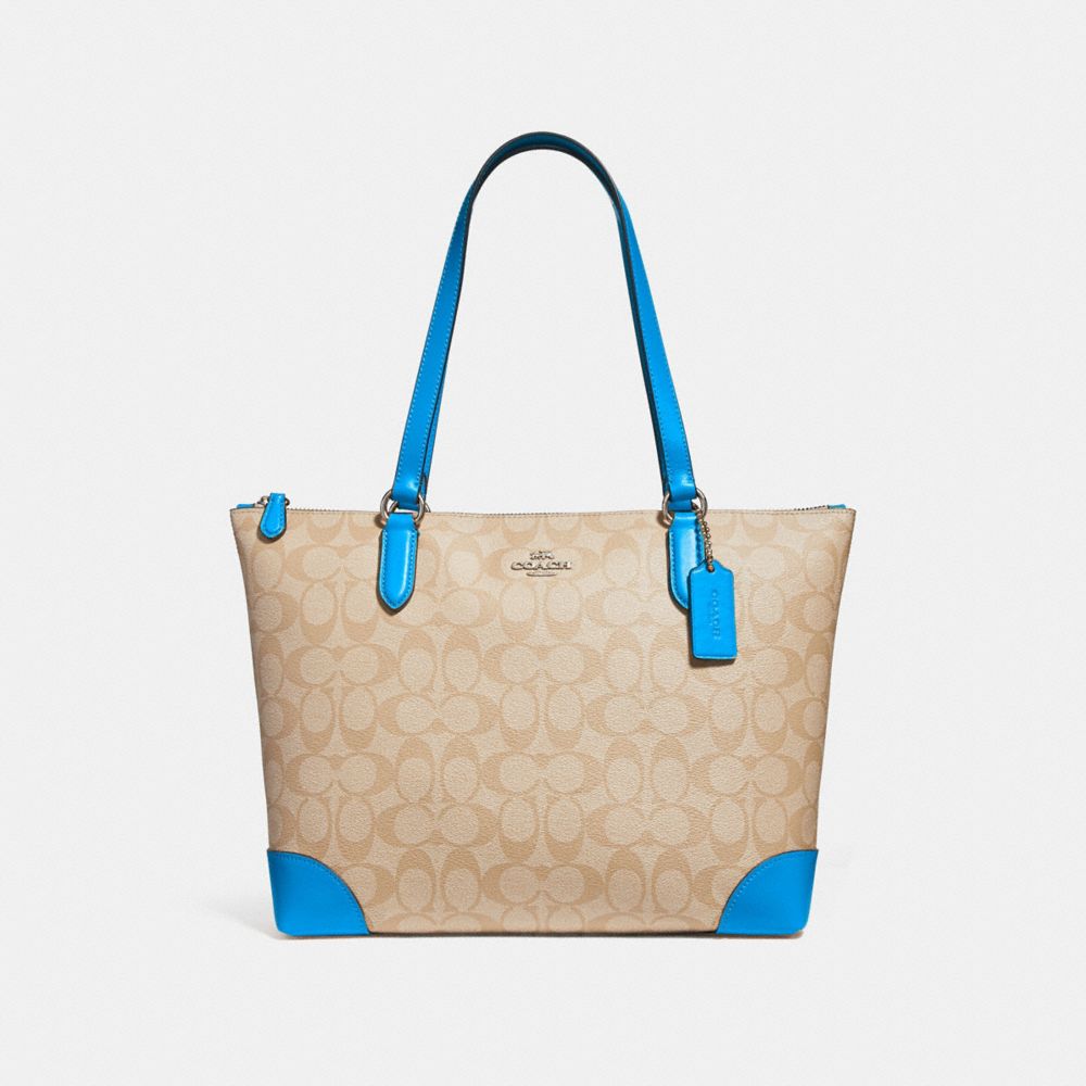 ZIP TOP TOTE IN SIGNATURE CANVAS - LIGHT KHAKI/BRIGHT BLUE/SILVER - COACH F29208