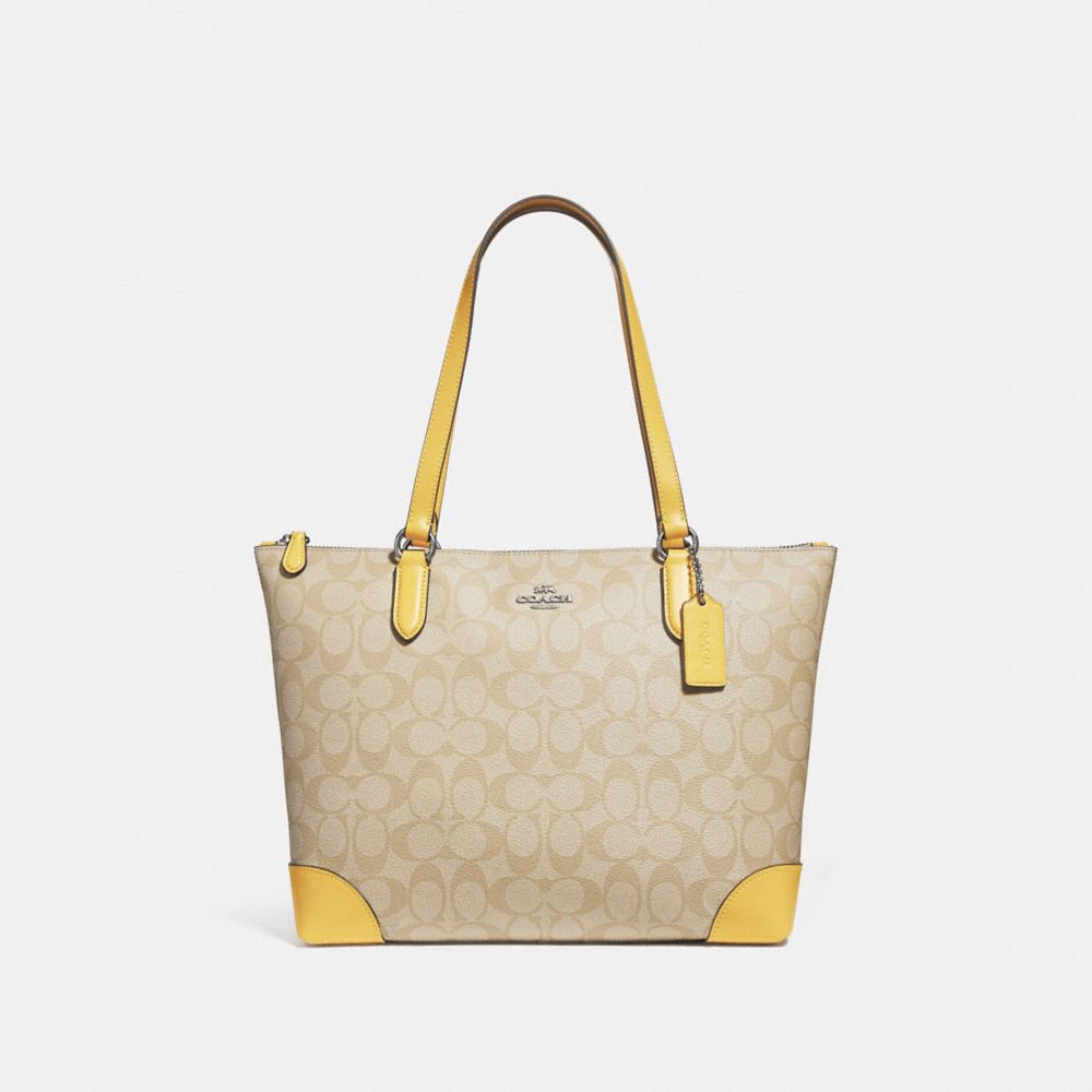 ZIP TOP TOTE IN SIGNATURE CANVAS - F29208 - LIGHT KHAKI/LIGHT YELLOW/SILVER